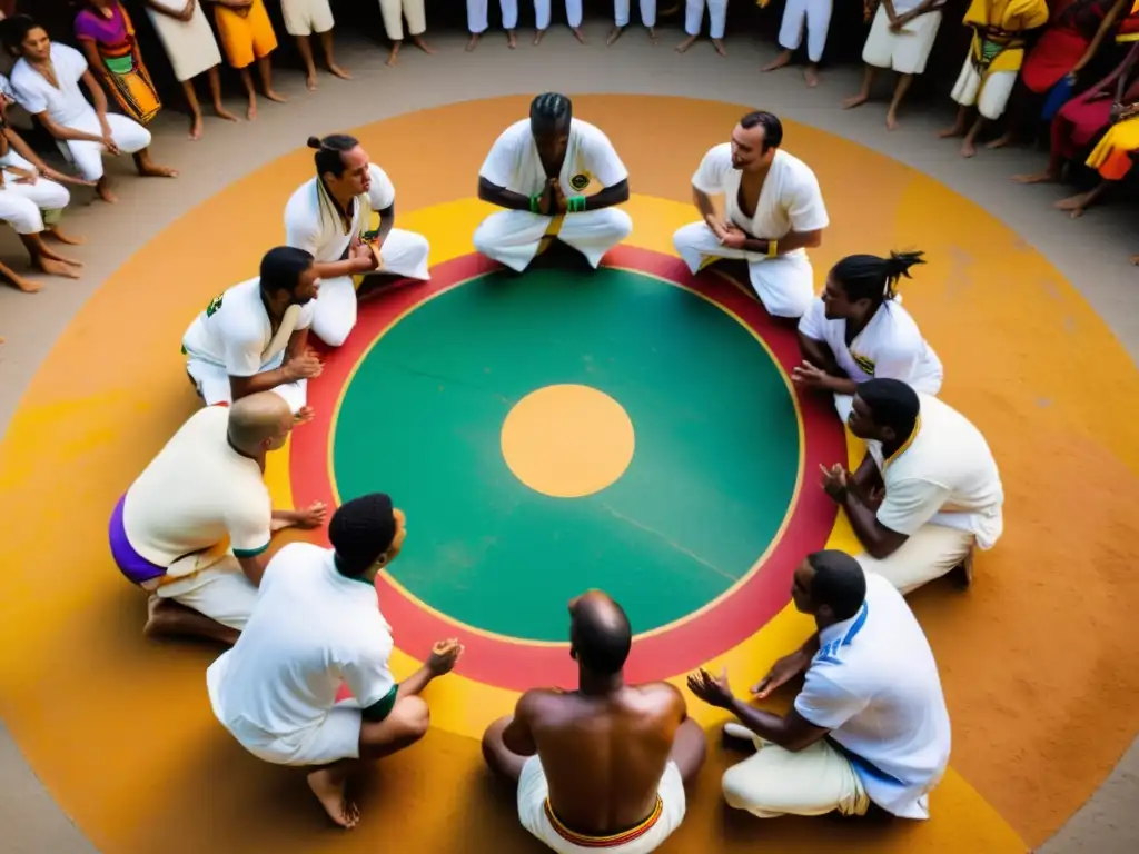 Capoeiristas en roda, vistiendo colores vibrantes, ejecutan movimientos acrobáticos