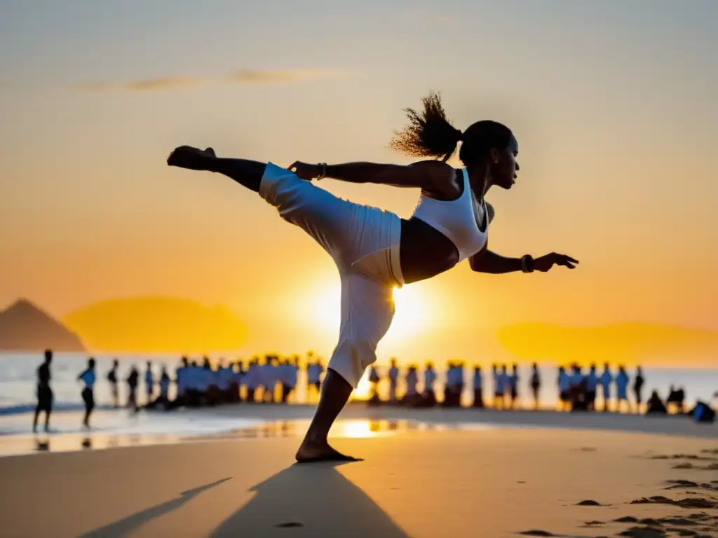 Capoeiristas en roda en la playa al atardecer, evocando la internacionalización de la capoeira con movimientos ágiles y música vibrante