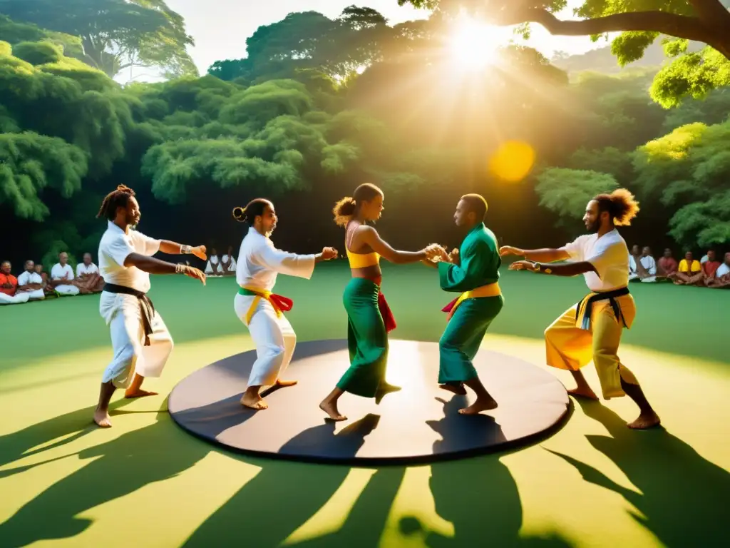 Capoeiristas en acción bajo el sol, conectando con la naturaleza