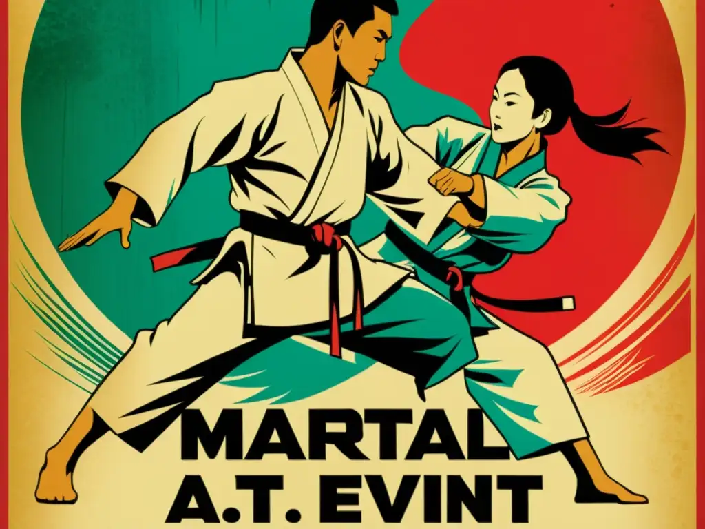 Cartel vintage de artes marciales, con ilustraciones detalladas y colores vibrantes, evocando el valor cultural del merchandising artes marciales