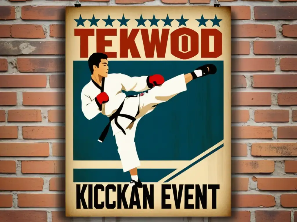 Un cartel vintage de taekwondo en una pared de ladrillo, desgastado por el tiempo