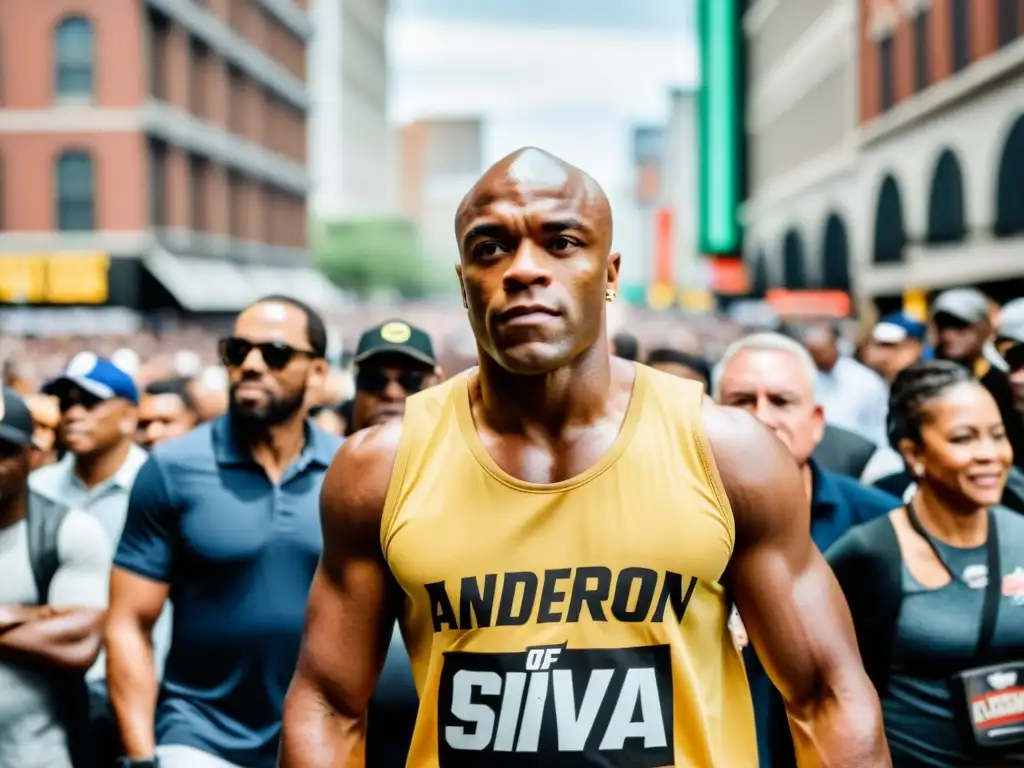 Anderson Silva, ícono del MMA, en el centro de la ciudad, rodeado de admiradores, reflejando su influencia en la cultura popular