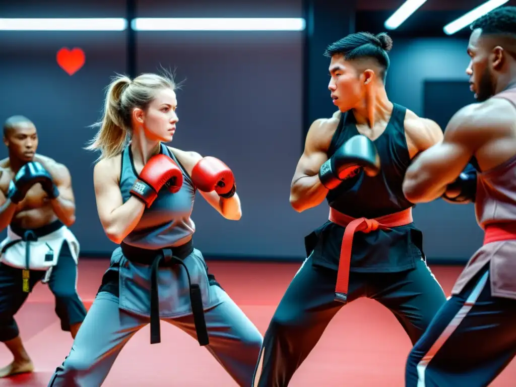 Un centro de entrenamiento de artes marciales seguro con monitores de ritmo cardíaco, práctica intensa y equipo tradicional