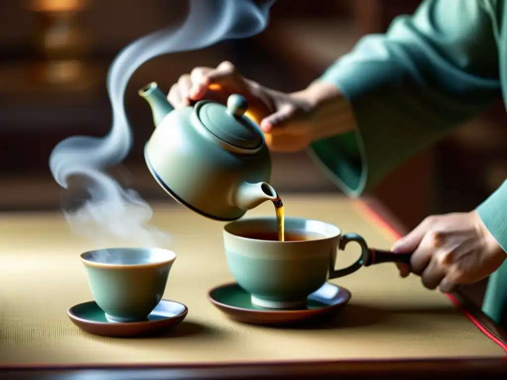 Una ceremonia de té china tradicional con un artista marcial en pose meditativa, sirviendo té caliente en una taza de porcelana