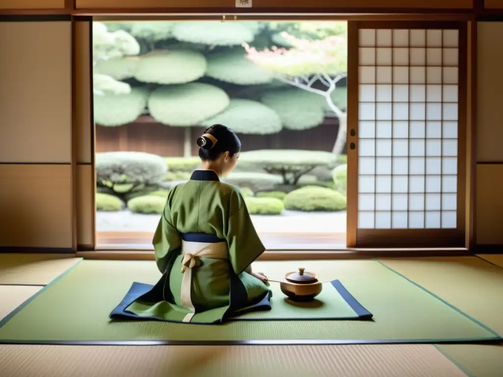 Una ceremonia del té japonesa con un maestro preparando matcha para un grupo de invitados en un entorno tradicional