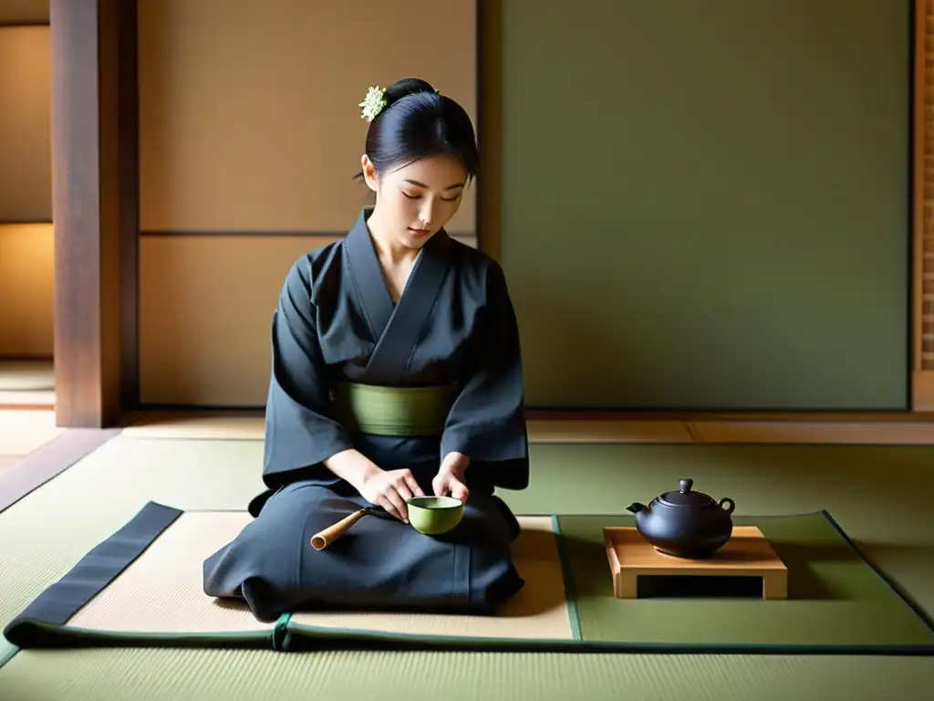 Una ceremonia del té japonesa tradicional en una sala tatami serena, con luz solar filtrándose a través de las pantallas shoji