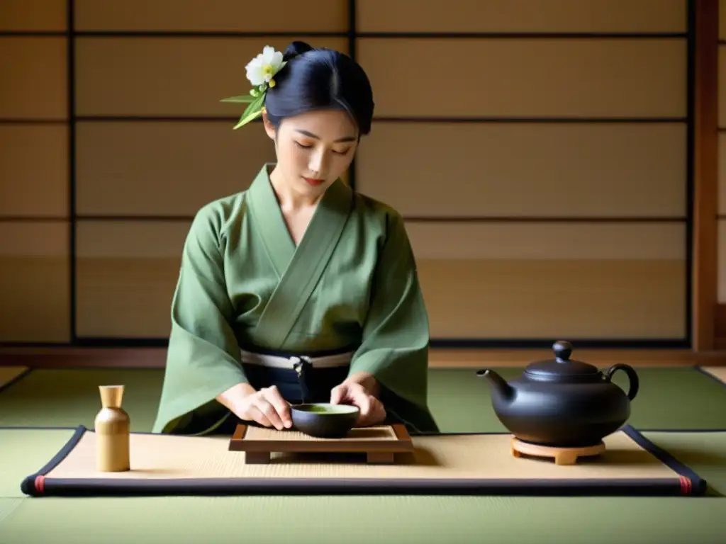 Una ceremonia del té serena en una sala japonesa, con paralelismos entre la ceremonia del té y las artes marciales