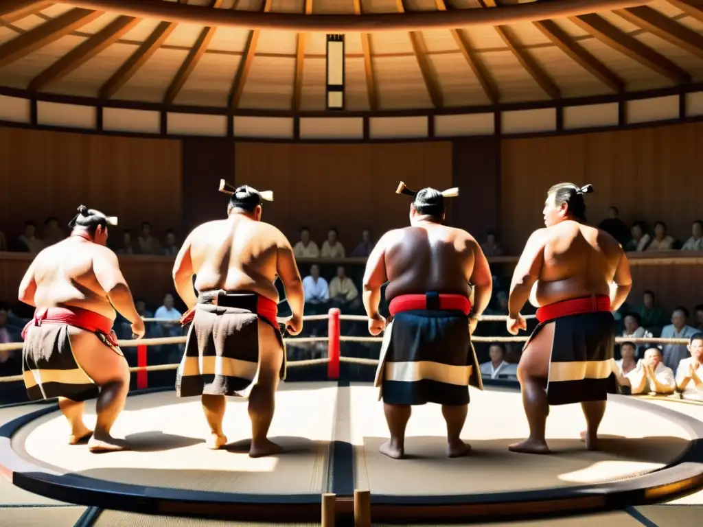 Un ceremonial de sal previo a la lucha de sumo, con luchadores en mawashi y espectadores en un antiguo estadio en Japón