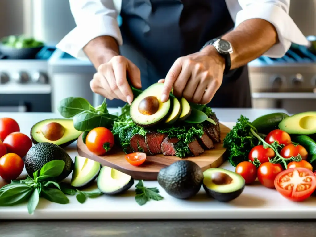 Un chef profesional prepara con destreza una colorida y vibrante dieta paleo para luchadores, destacando la dedicación y arte culinario