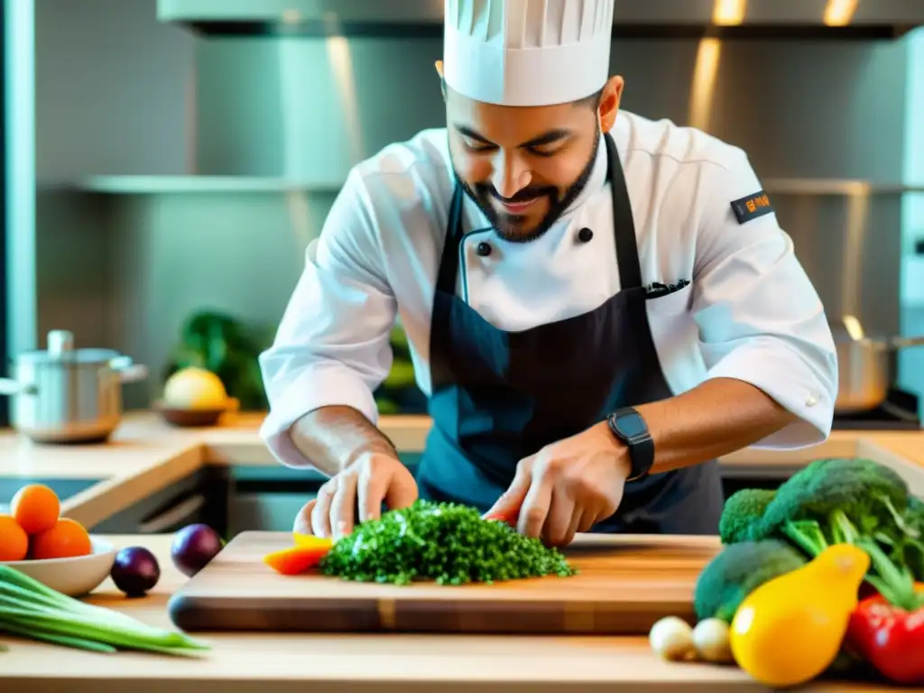 Un chef profesional prepara recetas post entrenamiento artes marciales con ingredientes coloridos y nutrientes en una cocina luminosa y ordenada