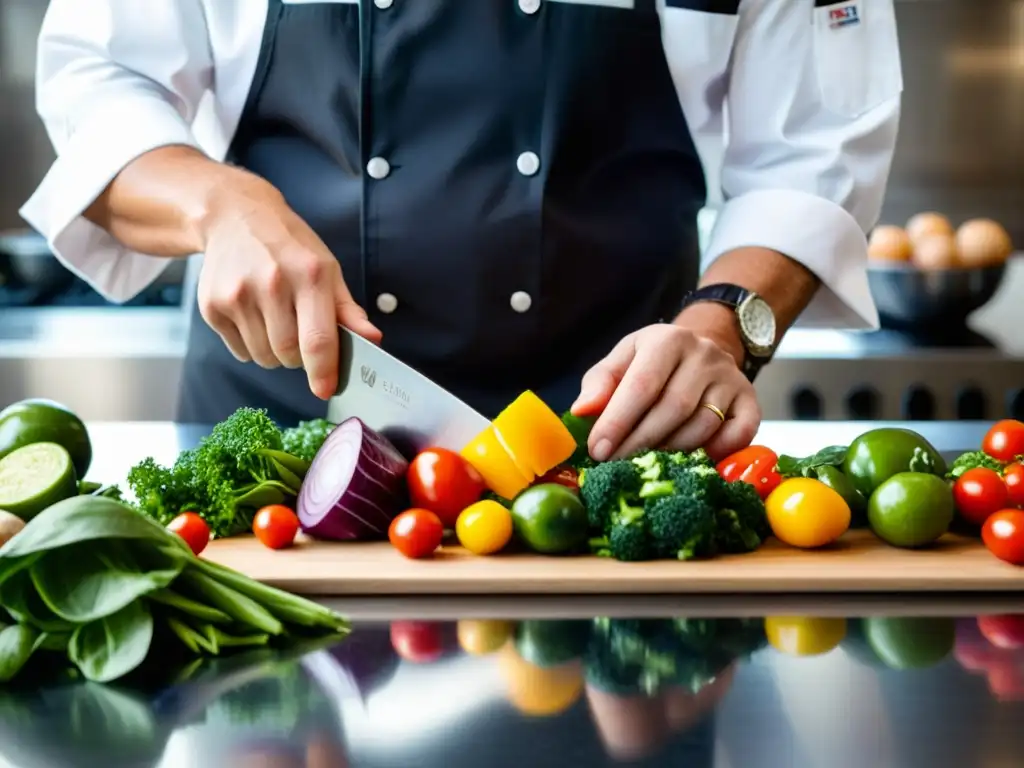 Un chef profesional prepara cuidadosamente una variedad colorida de ingredientes frescos sobre una encimera de acero inoxidable