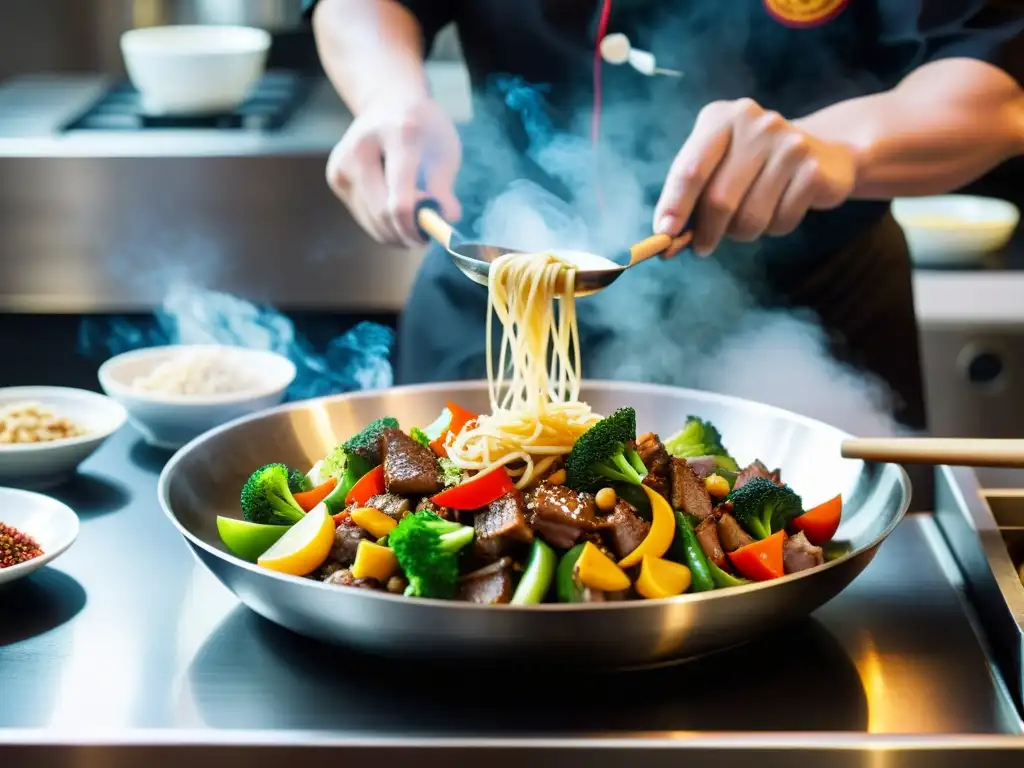 Un chef prepara un salteado chino en una cocina de academia de Kung Fu, reflejando la disciplina y arte en la alimentación para entrenamiento Kung Fu