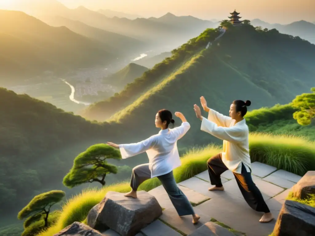 Practicando tai chi al amanecer en una montaña neblinosa, rodeados de naturaleza exuberante y antiguos templos