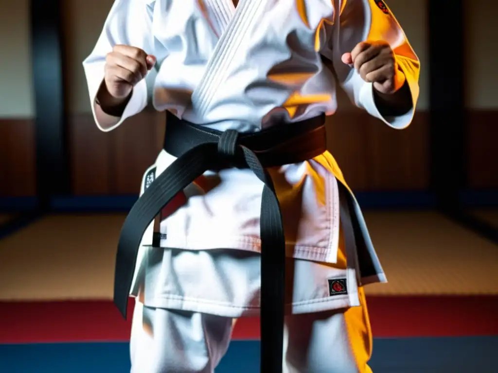 Un cinturón negro de karate siendo atado por un artista marcial, en un momento de preparación y concentración