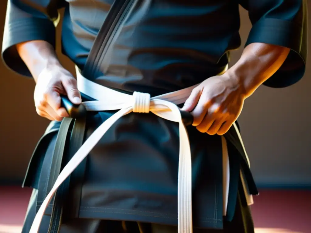 Un cinturón negro se ata con precisión en la cintura de un artista marcial, mostrando la determinación y maestría en Aikido