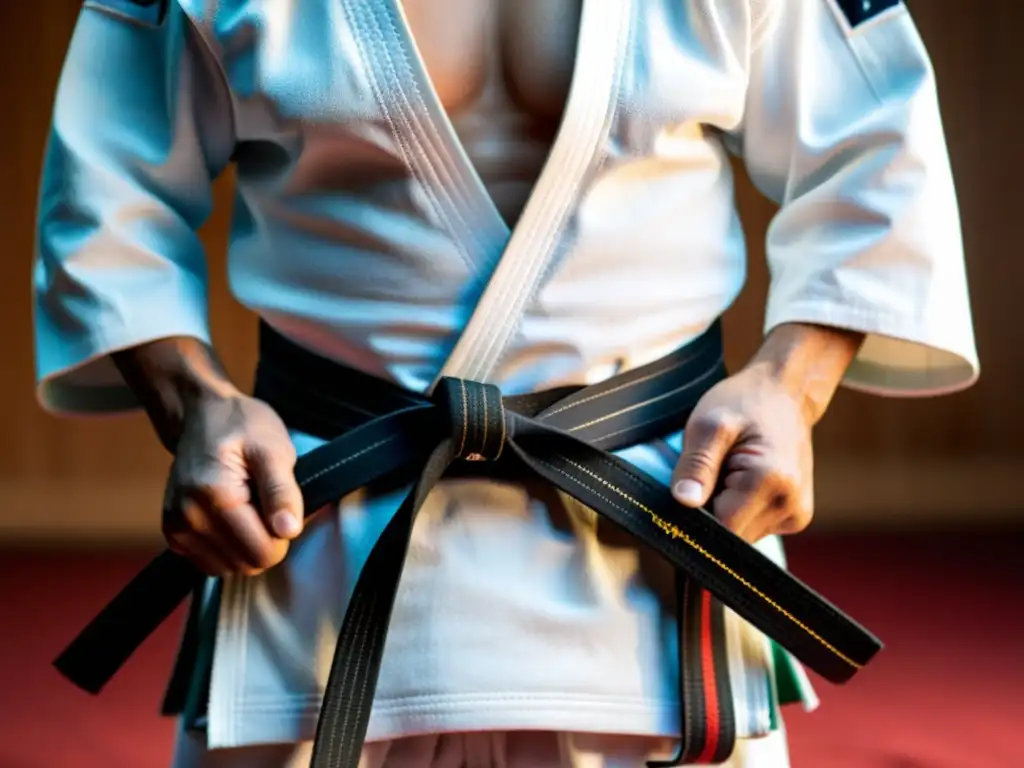 Un cinturón negro de judo siendo atado con determinación alrededor de la cintura de un artista marcial en un dojo tradicional