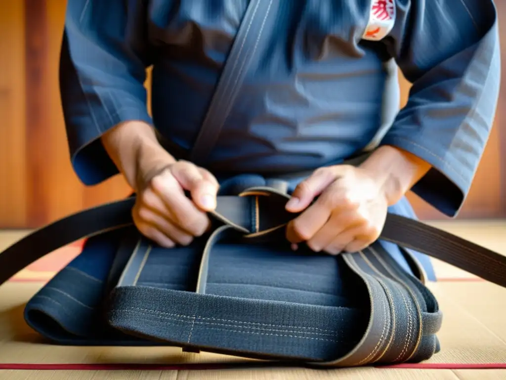 Un cinturón negro de judo atando su gi en un dojo tradicional