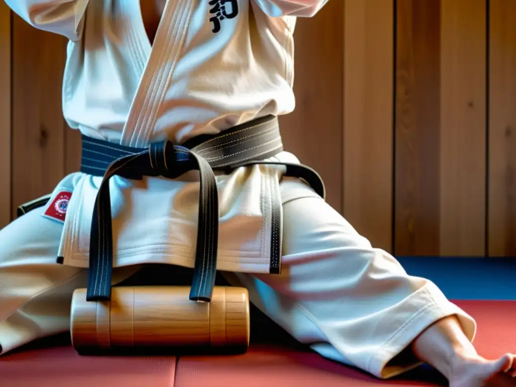 Un cinturón negro de judo descansando sobre un maniquí de entrenamiento de madera, con detalles y texturas visibles