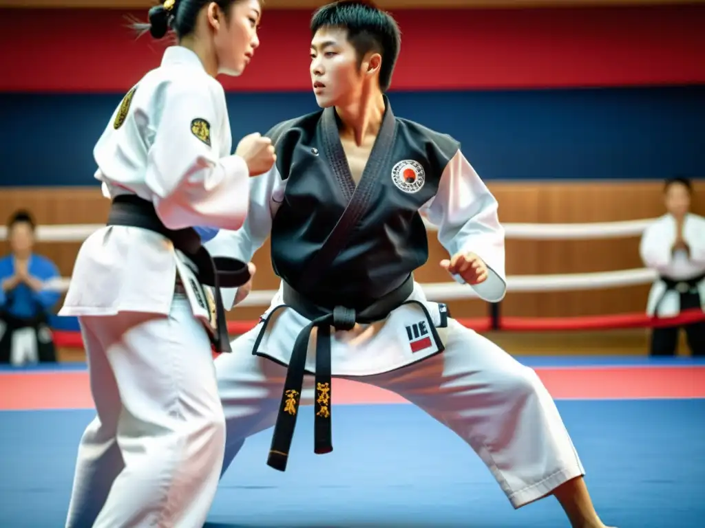 Un cinturón negro de Taekwondo desgastado y detallado, símbolo de maestría y dedicación, en un Dojang tradicional con estudiantes practicando