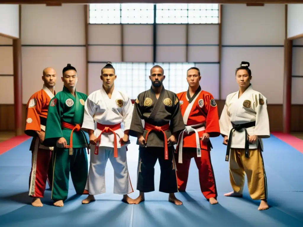 Un círculo de artistas marciales de diferentes culturas vistiendo trajes tradicionales de entrenamiento en un dojo iluminado por luz natural