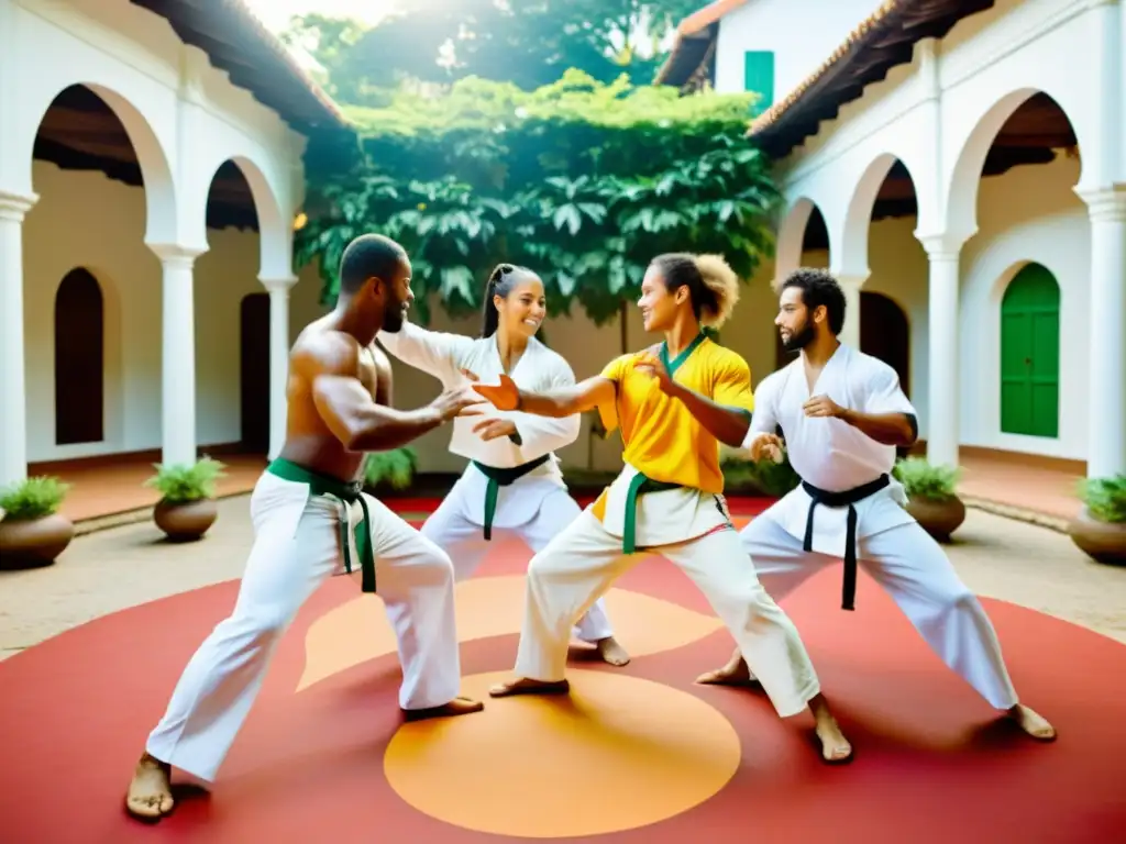 Un círculo de Capoeira en un patio vibrante, con practicantes vestidos de blanco