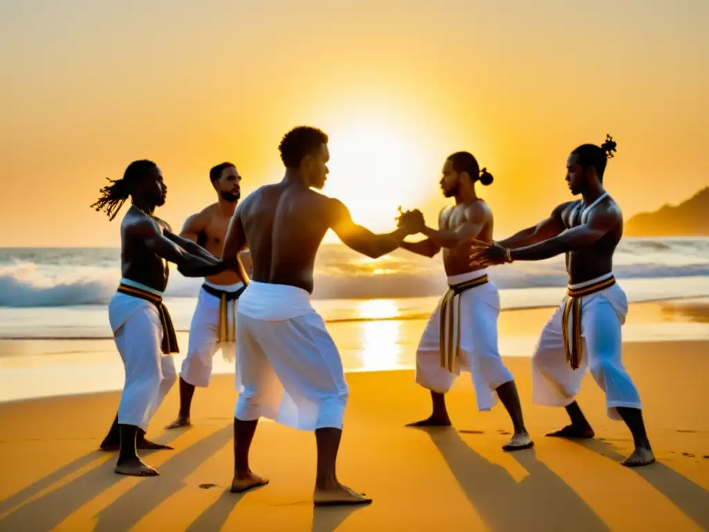 Un círculo de capoeiristas en la playa al atardecer, mostrando la fluidez y fuerza de este arte marcial afrobrasileño como símbolo de resistencia