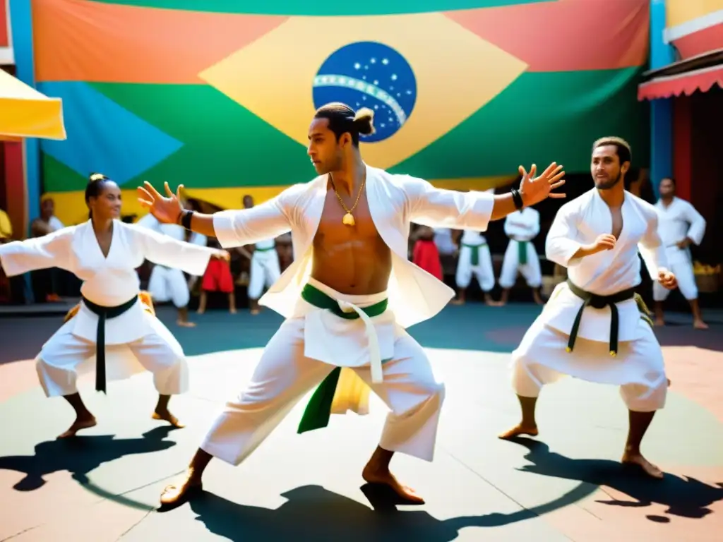 Círculo de capoeiristas en la vibrante plaza brasileña, mostrando su destreza y agilidad