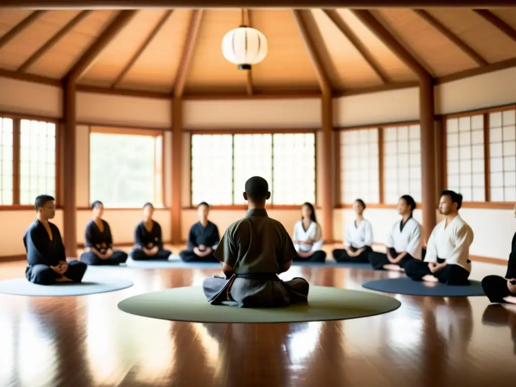 Círculo de meditación en dojo de artes marciales, con instructor y estudiantes concentrados