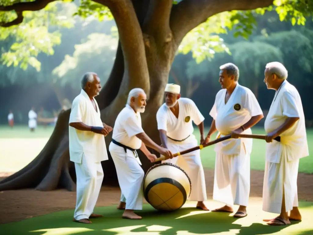 Un círculo de grandes maestros de capoeira ancianos, vestidos de blanco, bajo un árbol