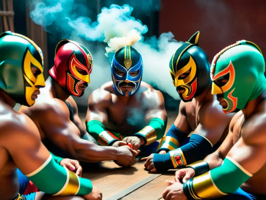 Un círculo de luchadores profesionales enmascarados tomando té de ashwagandha