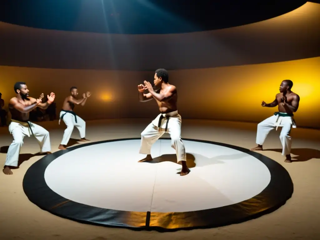 Un círculo de mestres de Capoeira Angola en movimiento, rodeados de espectadores, en una atmósfera cargada de energía y música de berimbau