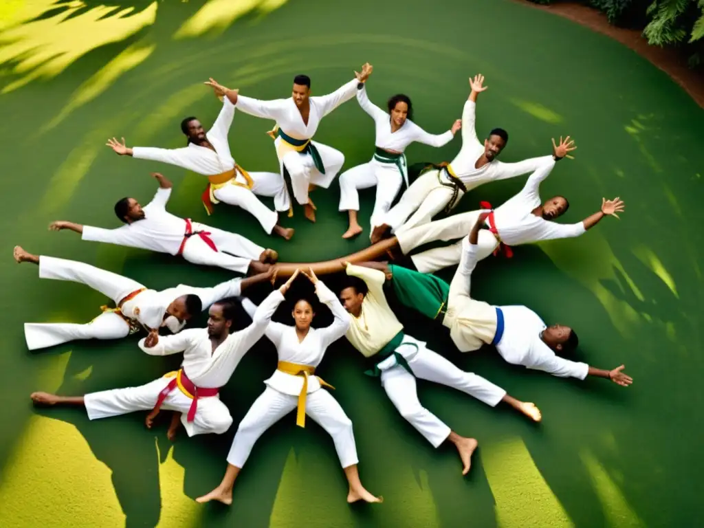 Un círculo de practicantes de Capoeira en movimiento acrobático, rodeados de exuberante vegetación