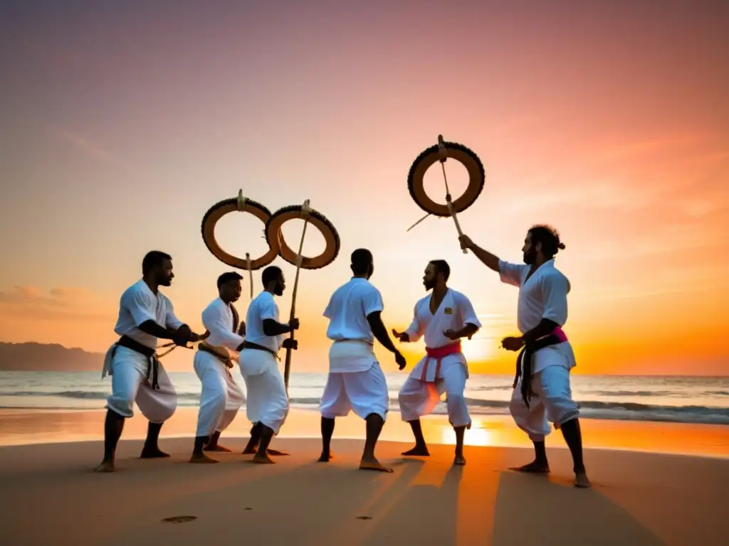 Un círculo de practicantes de capoeira en la playa al atardecer, combinando danza y lucha