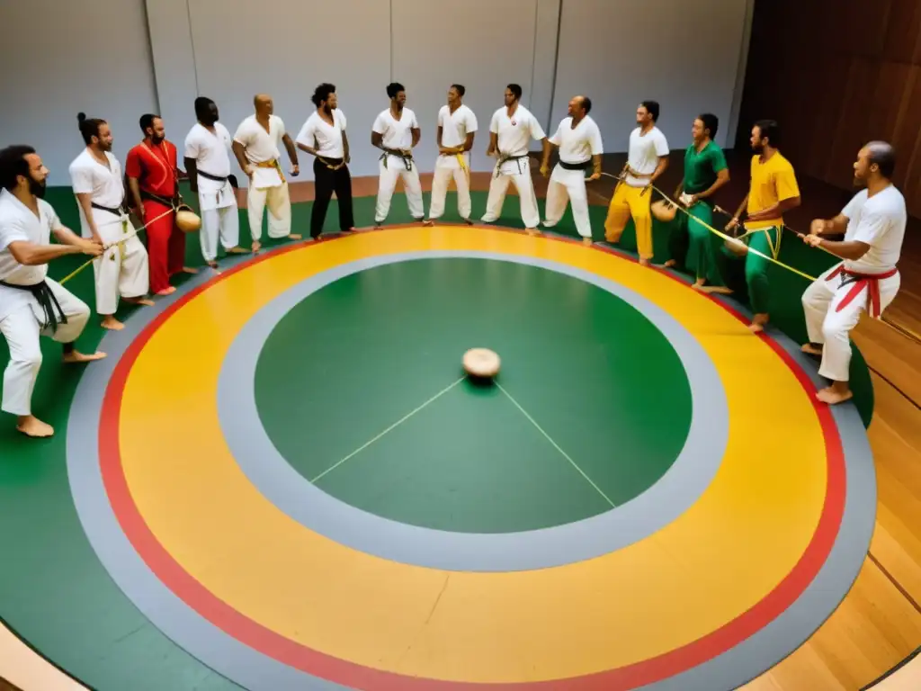 Un círculo de practicantes de Capoeira organizando una roda, con el tocador de berimbau en el centro, rodeado de movimientos vibrantes