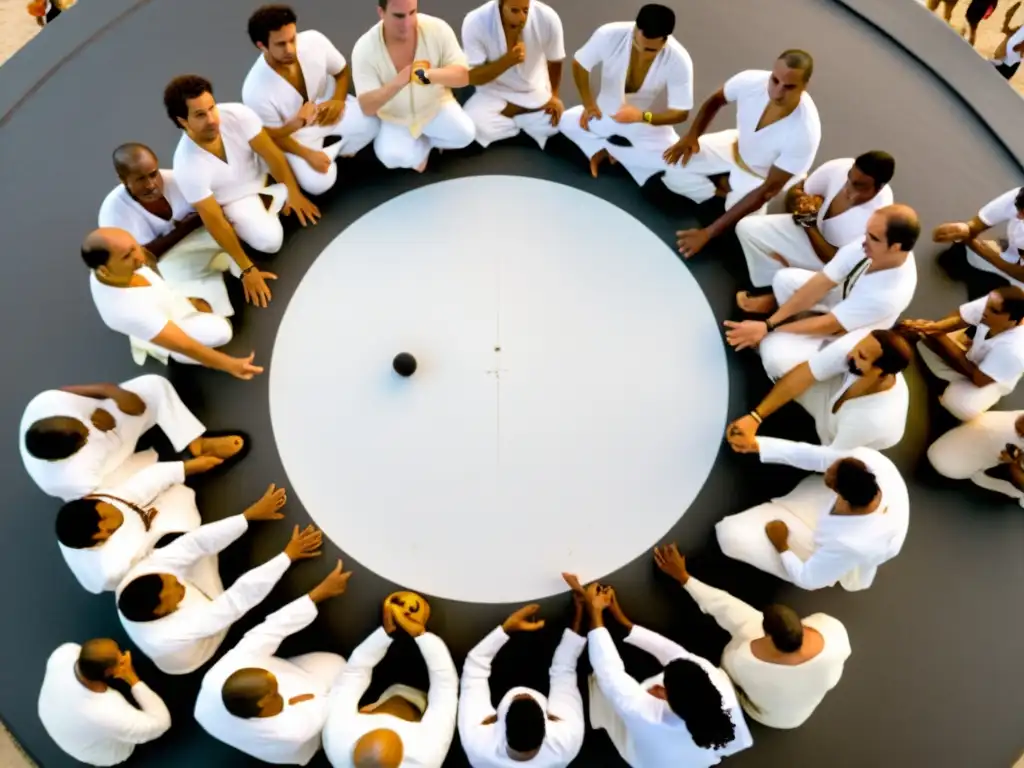 Un círculo de practicantes de Capoeira en tradicionales ropas blancas, inmersos en la intensidad de la cantiga en Capoeira