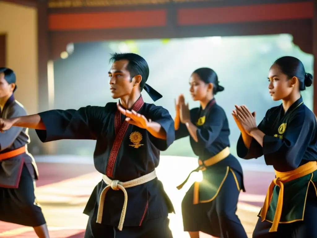 Un círculo de practicantes de Pencak Silat Indonesia realiza movimientos precisos y elegantes bajo el cálido sol de la mañana