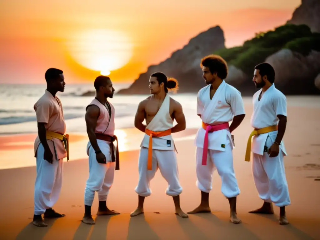 Un círculo de practicantes jóvenes de capoeira en la playa al atardecer