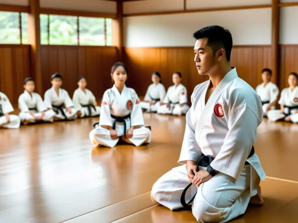 Clase de artes marciales en dojo: Prevención lesiones práctica artes marciales con instructor y alumnos enfocados