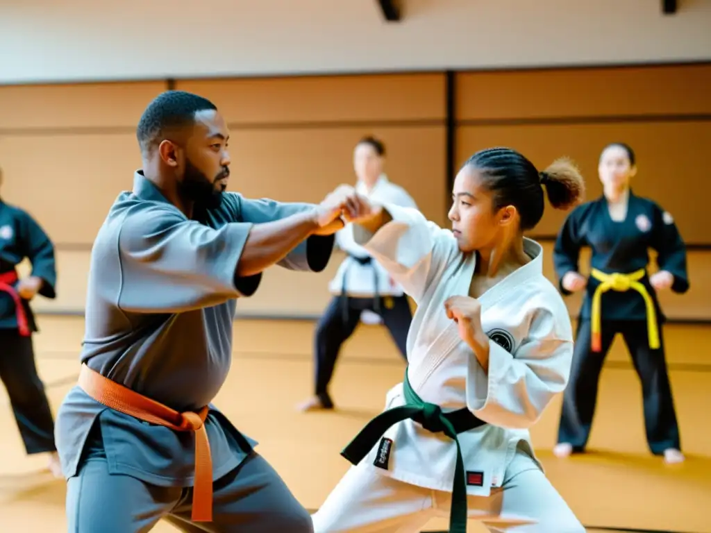 Clase de artes marciales inclusiva en un gimnasio espacioso, con estudiantes diversos practicando técnicas variadas