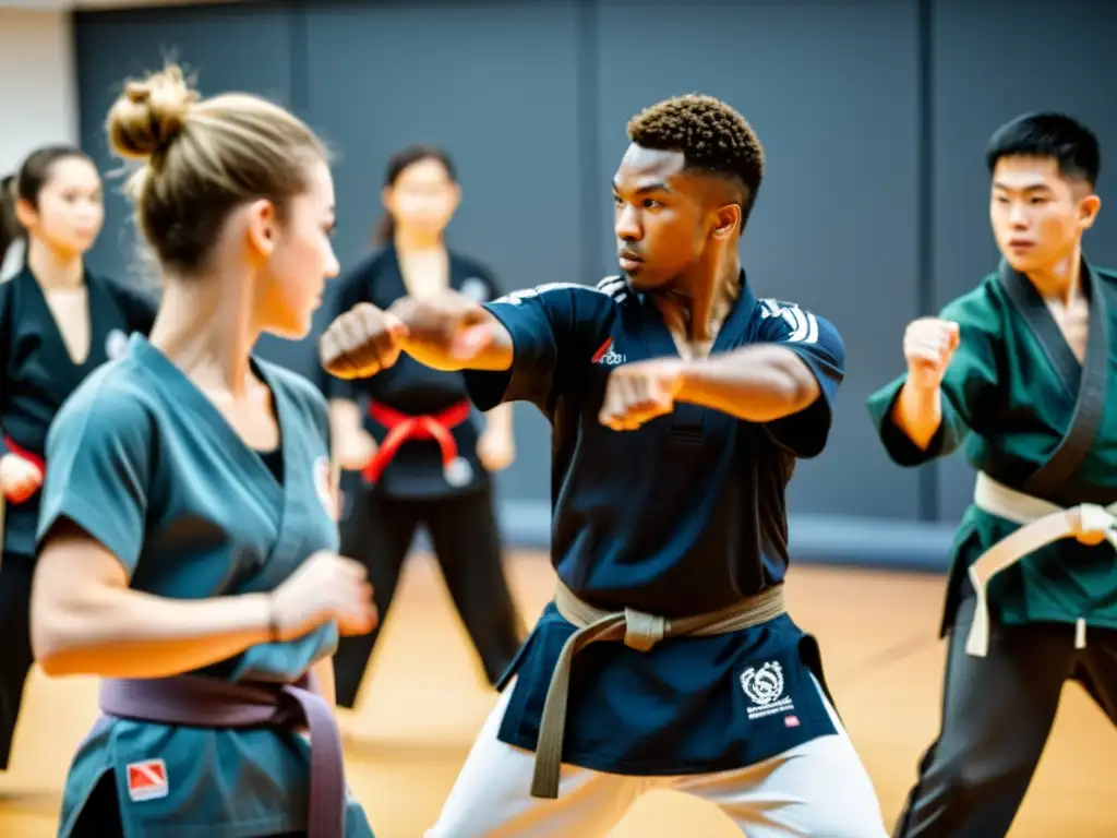 Clase de artes marciales con instructor enseñando técnicas a estudiantes entusiastas en un estudio espacioso y bien iluminado