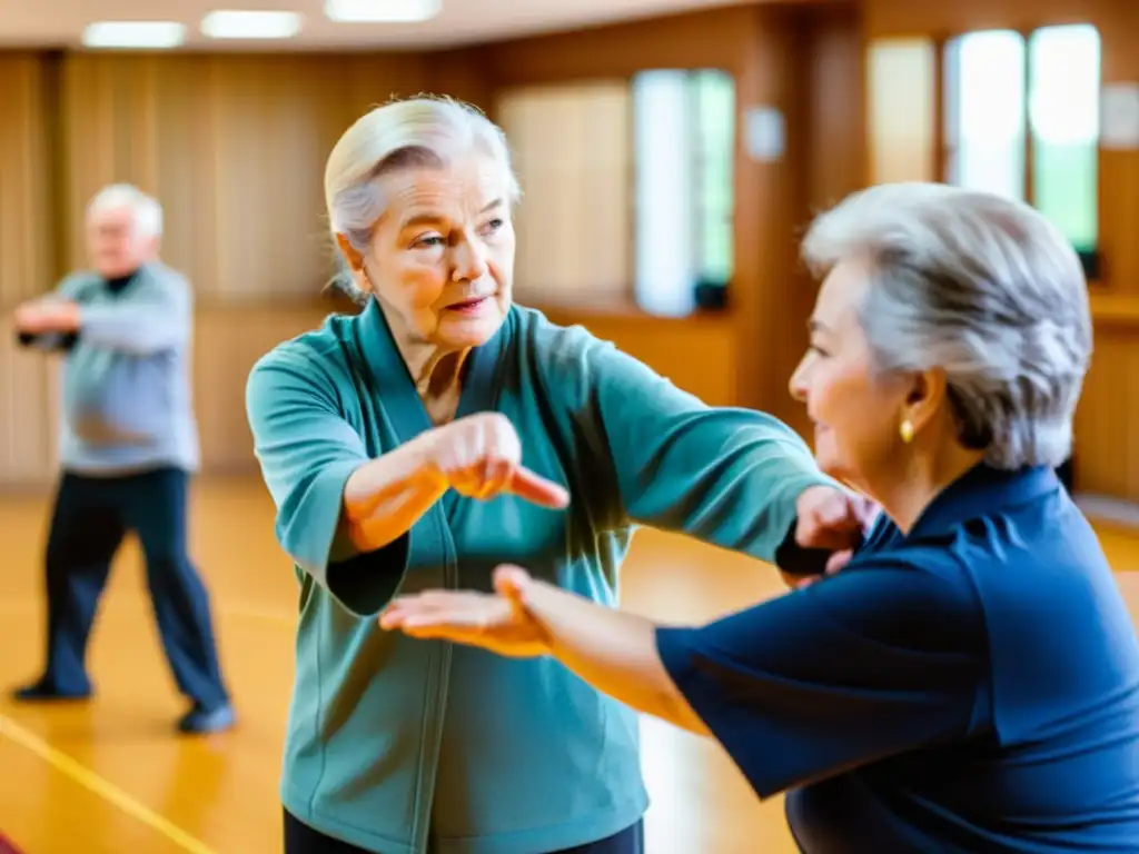 'Clase de autodefensa para la tercera edad en centro comunitario: instructor y seniors practican técnicas con determinación y camaradería