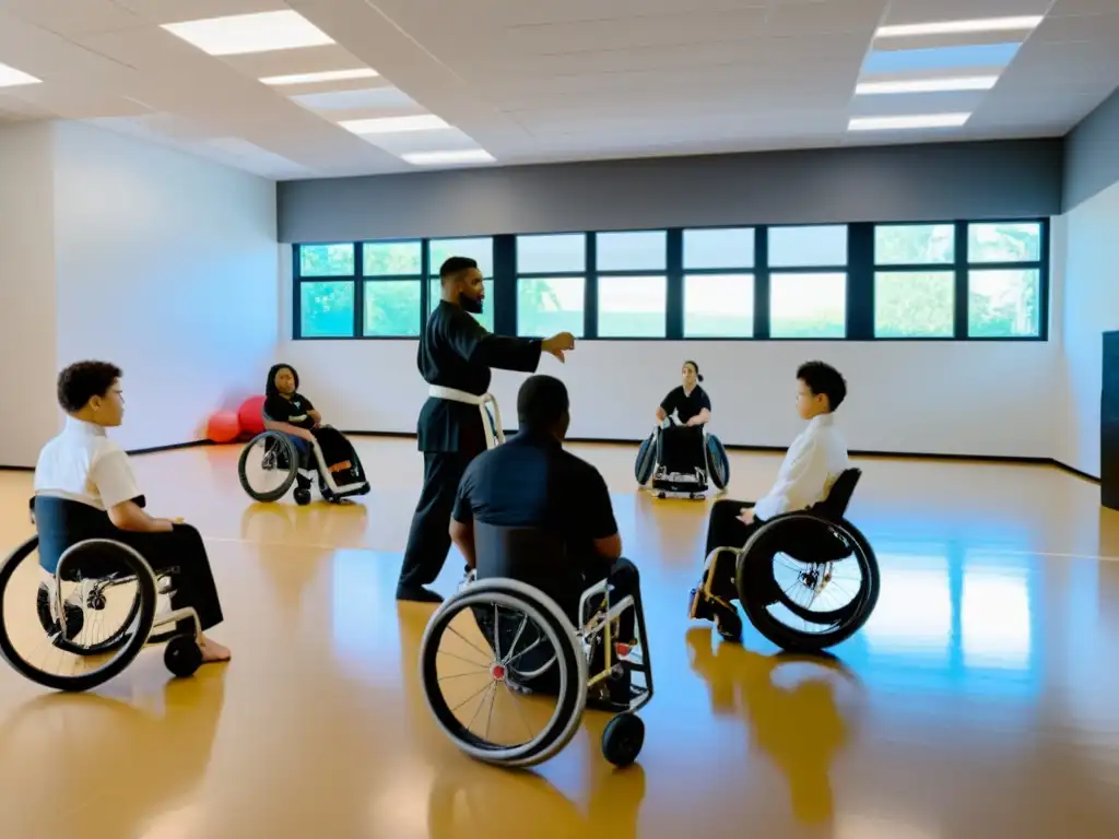 Clase de artes marciales inclusiva: diversidad y superación Clase inclusiva de artes marciales con diversidad de estudiantes practicando juntos