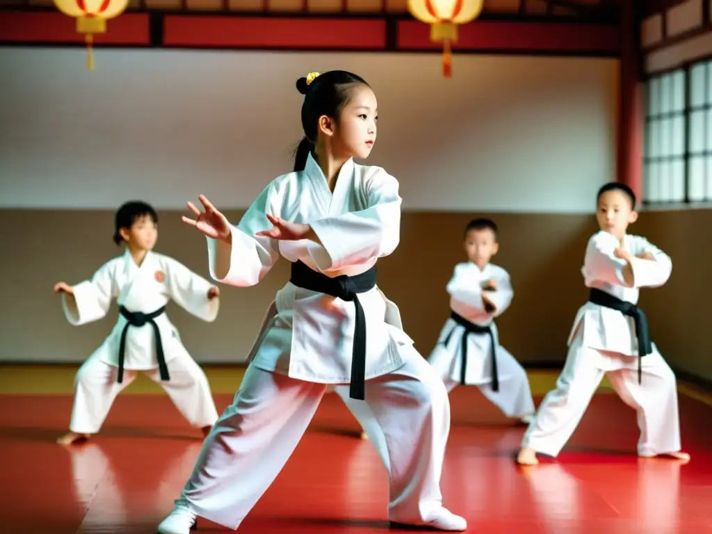 Clase de kung fu infantil con el sensei guiando a los niños en movimientos precisos