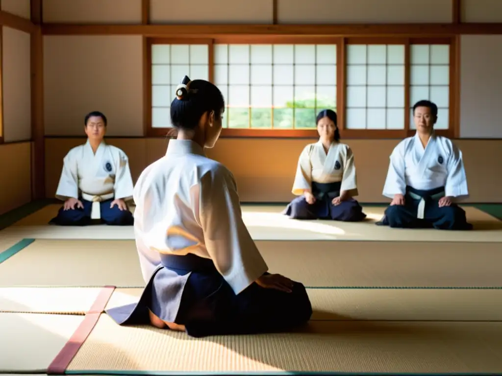 Clases de Aikido para paz interior en un dojo sereno, con luz matutina iluminando la práctica en tatamis