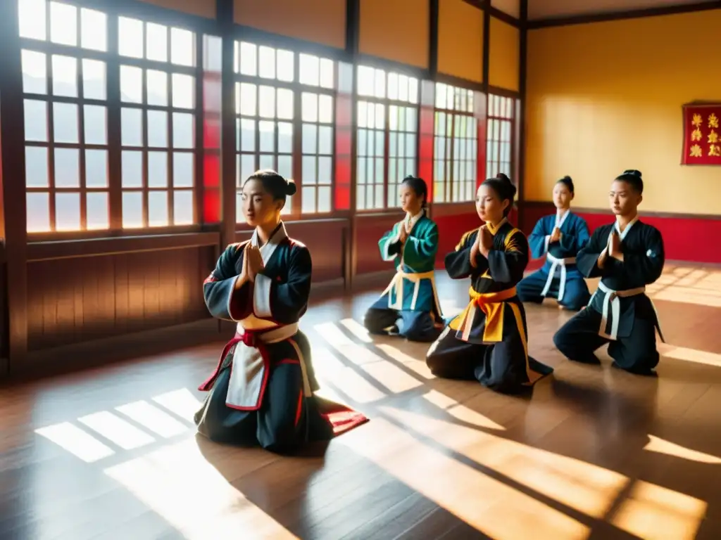 Clases de Kung Fu en una escuela tradicional: estudiantes practicando técnicas mientras el sol ilumina el salón