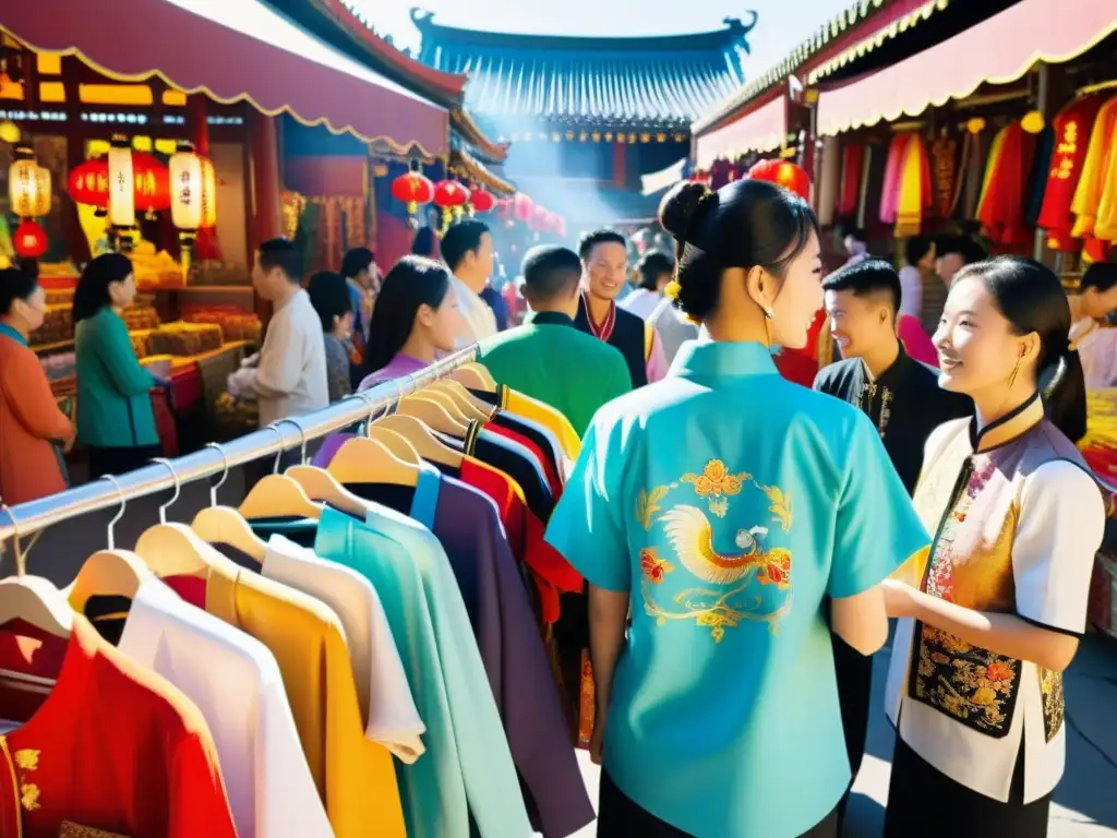 Clientes examinan souvenirs populares festivales artes marciales en vibrante mercado chino, con colores y bordados llamativos