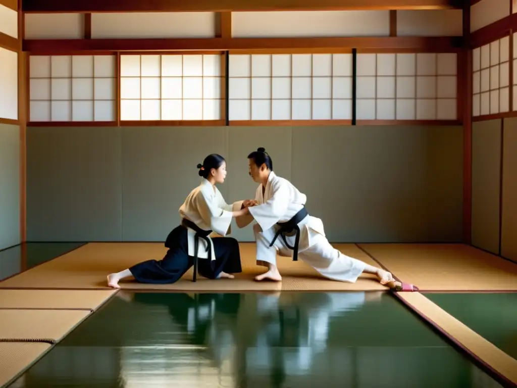 En una clínica de Aikido para paz interior, practicantes en gi blanco realizan movimientos fluidos en un dojo tranquilo y luminoso