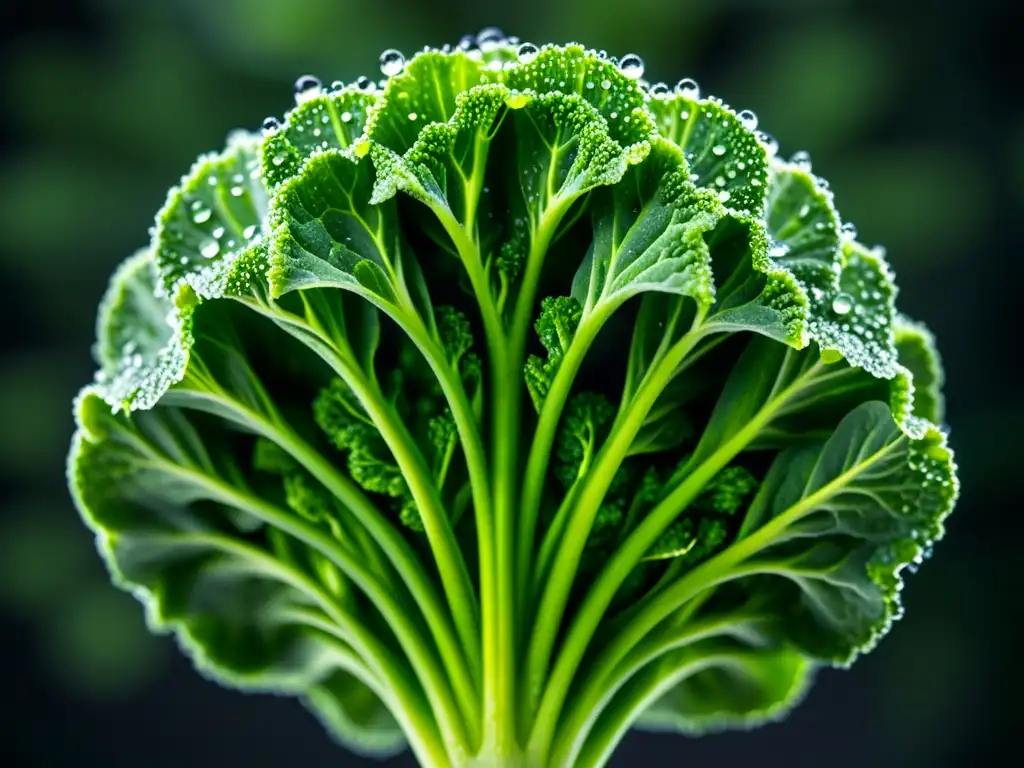 Close-up de un brócoli verde vibrante con gotas de agua, destacando su belleza natural