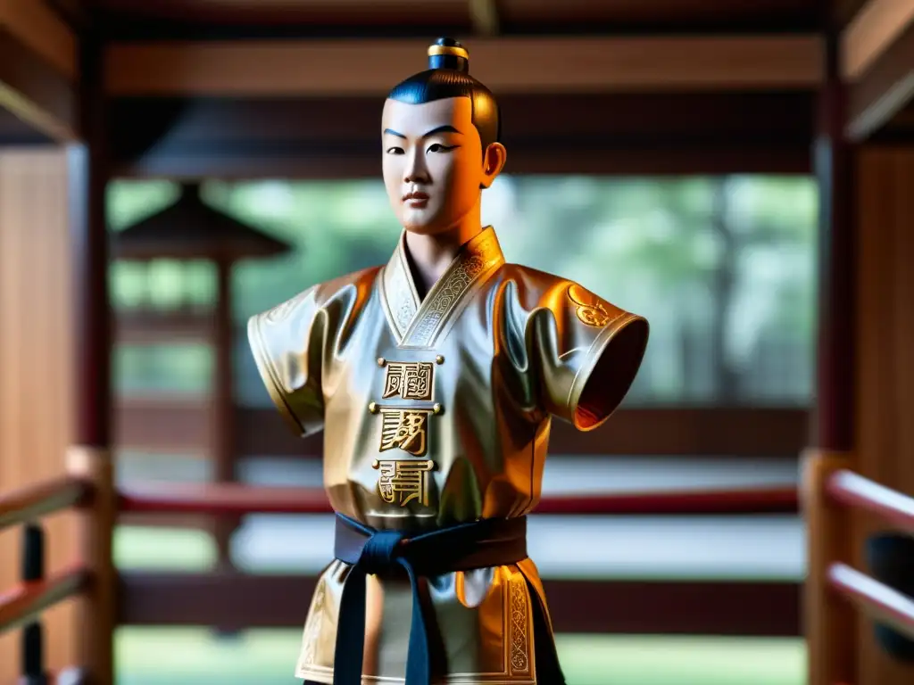 Closeup de un Wing Chun dummy de madera tradicional en un estudio de artes marciales, evocando dedicación y disciplina