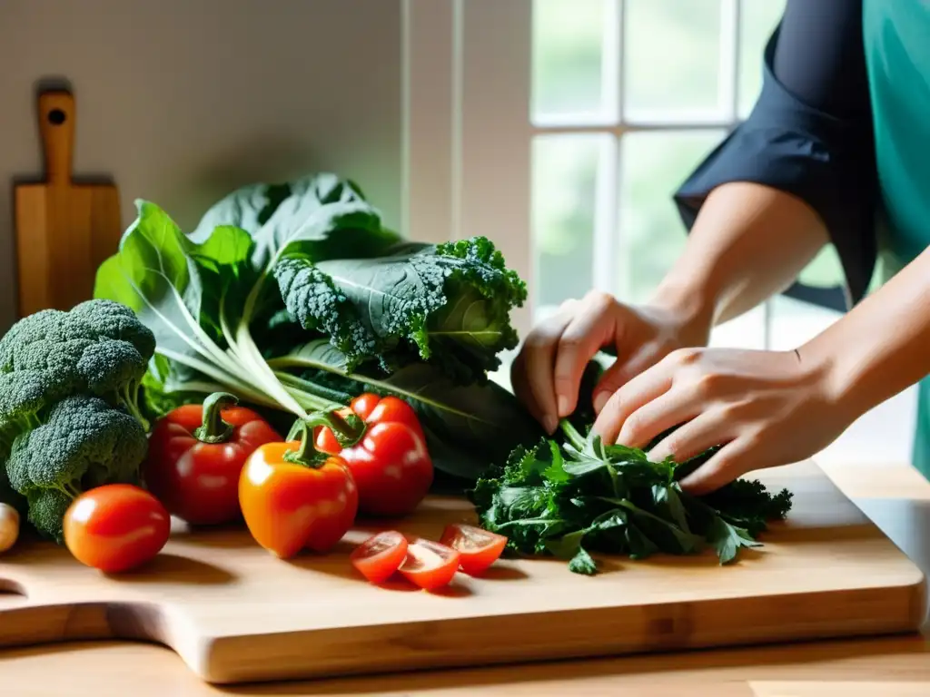 Una cocina serena iluminada suavemente con vegetales frescos y hierbas vibrantes sobre tabla de madera